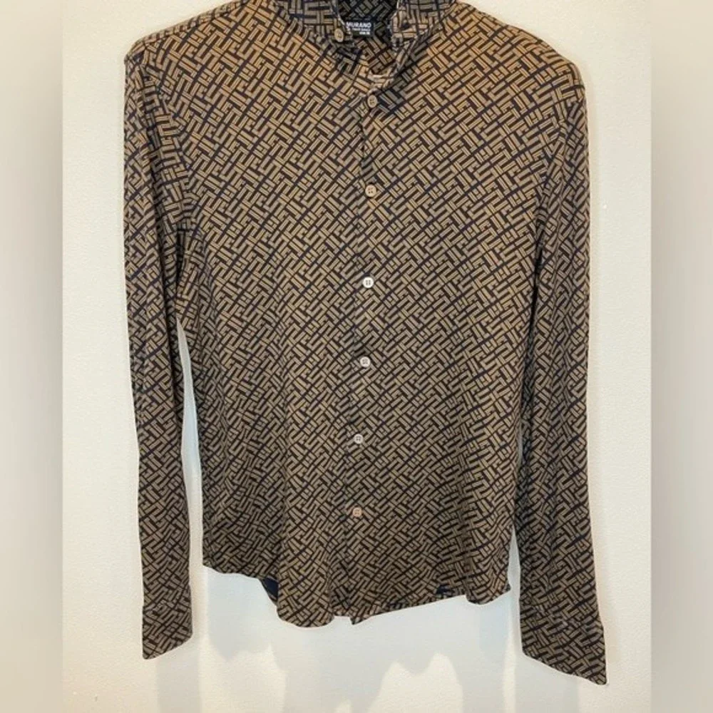 Murano Liquid Luxury Slim Fit Geometric Button Up Navy Blue Brown size M - Picture 10 of 13